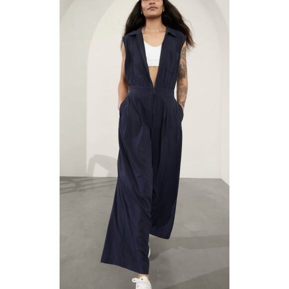 Athleta Brooklyn Wide Leg Jumpsuit Navy Size 4 Tall Sleeveless Utility Travel - Picture 1 of 13